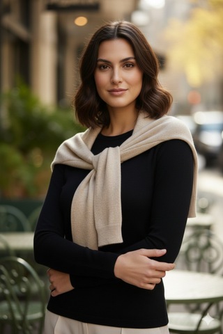 Mollycrush Kadın Ekru Kazak Görünümlü Triko Şal Bağlamalı Şık Model Bej