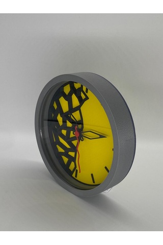 Modern Sanat Dokunuşuyla Parçalanan Zaman Duvar Saati Sarı Zemin Ve Açık Gri Kasa Siyah