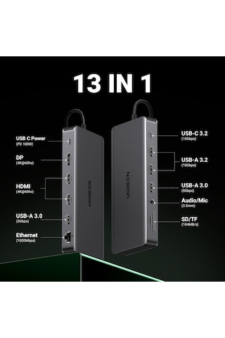 Ugreen Revodok Pro 313 Usb C Bağlantı İstasyonu Üçlü Ekran 10 Gbps Usb Bağlantı Noktaları 13 In 1 Usb C Hub 2hdmı, Dp, 5x Usb A/c Bağlantı Noktaları, Pd 100 W Hızlı Şarj, Gigabit Ethernet, Sd/tf Kart Okuyucu, 3,5 Mm Aux