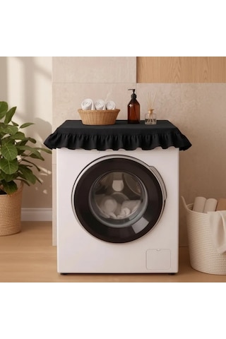 Fırfırlı Çamaşır Makinesi Örtüsü - Çeyizlik Dekoratif Banyo Makine Kılıfı- Siyah