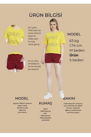 Bella Dossi Pamuklu Kısa Kollu Baskılı Kadın Şortlu Yazlık Pijama Takımı Sarı M