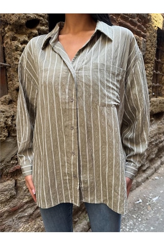 WeShaya Haki Çizgili Oversize Keten Gömlek Haki
