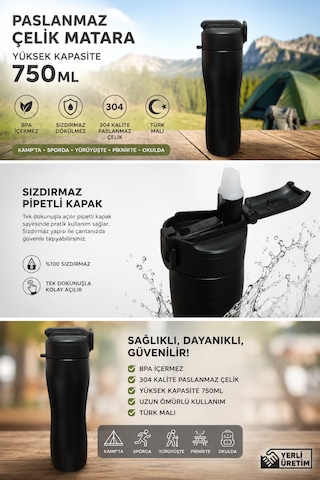 Paslanmaz Çelik Matara Pipetli Sızdırmaz Kapak 750 Ml Siyah