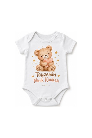 Gıovera Teyzemin Minik Kankası Ayıcık Baskılı Beyaz Kısa Kollu Pamuklu Bebek Zıbın Body