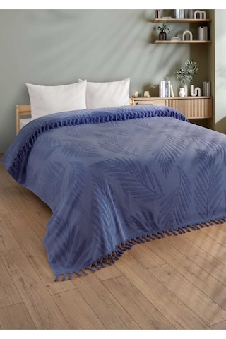 Çift Kişilik Saçaklı Havlu Yatak Örtüsü - %100 Pamuk & Yumuşak & Saçaklı Pike - 220x240 Cm - İndigo İndigo