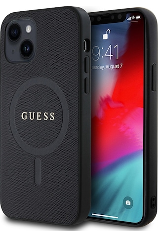 Apple Uyumlu iPhone 12 Kılıf Guess Lisanslı Magsafe Şarj Özellikli Yazı Logolu Saffiano Classic Kapak Siyah
