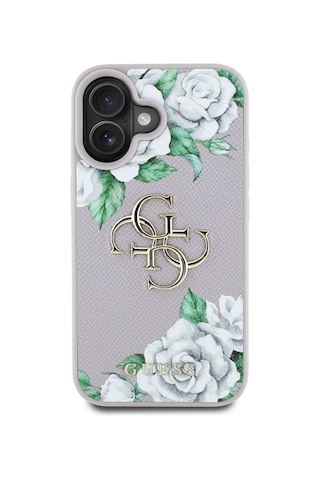 Apple Uyumlu iPhone 16 Kılıf Guess Lisanslı Gül Baskılı Büyük Metal Logo Dizaynlı Kapak Mor
