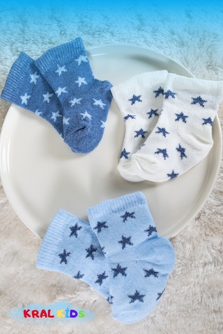 6 Çift Erkek Bebek Çorap Kutulu Patik Boy Yıldız Desenli, Pamuklu Beyaz