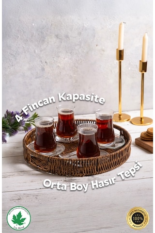 Yuvarlak Hasır Tepsi, Kulplu Sunum Tepsisi, Servis Tepsisi, Kahve Tepsisi, Keyif Tepsisi, Modern Hasır Tepsi - 30 Cm Kahverengi