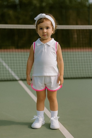 Kız Çocuk Polo Yaka Şerit Detaylı Şortlu Takım - Pembe 3-4 Yaş 8-9 Yaş Pembe