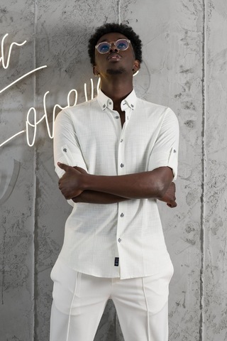 Advante İnce Çizgili Yaka Düğmeli Katlamalı Kol Pamuklu Slimfit Yazlık Keten Gömlek Yeşil