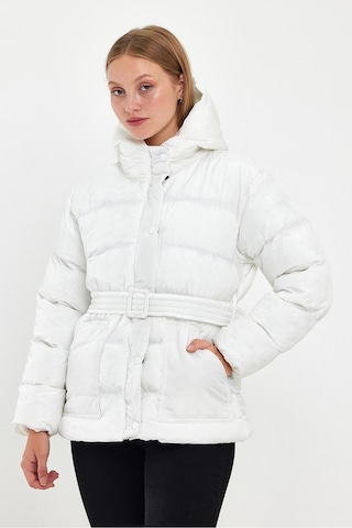 Alisse-kadın Ekru Kapüşonlu Kemerli Şişme Mont Kaban Ekru