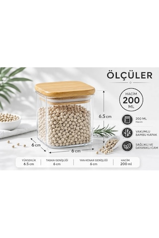 3'lü 200 Ml Bambu Kapaklı Borosilikat Cam Baharatlık Bambu Altlıklı
