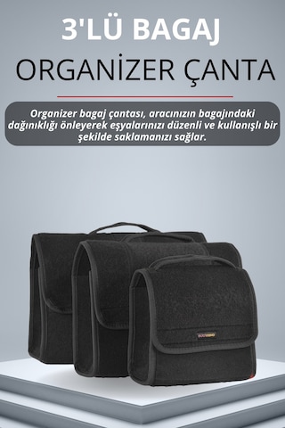 3'lü Cırtlı Keçe Kumaş Oto Bagaj Çantası Geniş Hacimli,dayanıklı,araç İçi Düzenleyici Siyah