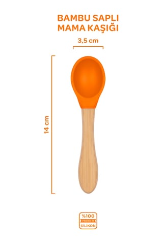Silikon Beslenme Seti 3'lü Sunset Turuncu / Mama Tabağı, Bambu Saplı Mama Kaşığı Ve Çatalı