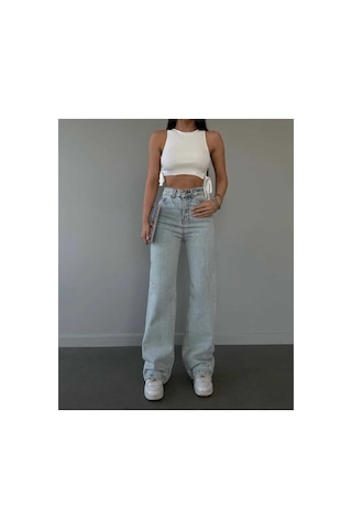 Woddi Sara Salaş Kar Yıkama Mavi Kot Palazzo Bol Paça Jeans New Taş1