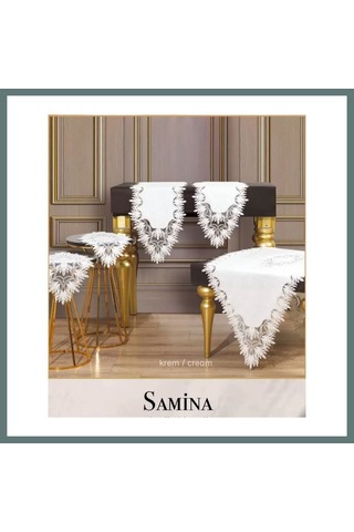 Ventra Salon Takımı Çeyizlik Samina Model Krem Keten Dantelli Masa Örtüsü Runner Seti 5 Parça Ventra
