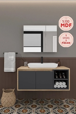 Lale 100 Cm %100 Mdf Lavabolu Banyo Dolabı + Aynalı Dolap Antrasit