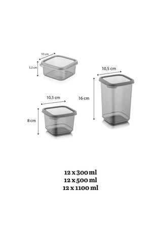 Meleni Home 36'lı Kare Bakliyat Saklama Kabı Etiketli Erzak Kabı 12 x 300 - 500 - 1100 ML Gri
