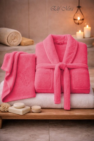Tek Kişilik Banyo Havlulu Bornoz Seti Pamuklu Bukle Şalyaka Nuvia Fuşya