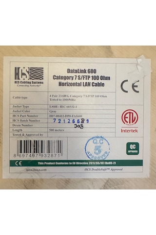 Hcs Cat 7 S/ftp 100 Ohm 4 Pair 23 Awg 500 Metre Gri