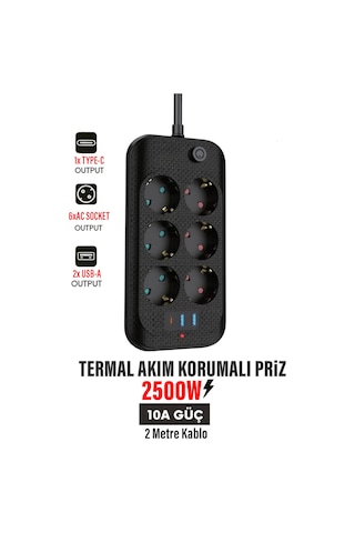 Exenar - Siyah - Yüksek Akım Korumalı 6 Lı Grup Priz Kablolu 2m Priz 2 Usb-a 1 Type-c Girişli Fiş 2 Metre Kablolu 2 M