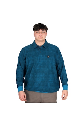 Mode Xl Büyük Beden Erkek Polo Yaka Sweatshirt Baskılı Selanik U24440 Turkuaz Mavi