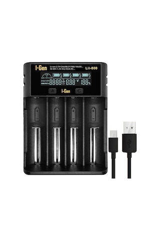 I-gen Lii-800 Akıllı Li-ıon Pil Şarj Cihazı, Type-c Girişli, Lcd Ekranlı, 4 Slot Şarj, Li-ıon & Ni-mh Uyumlu 18650 / 21700 / Aa / Aaa