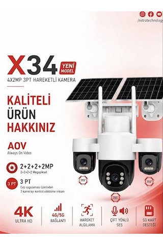 X34 6 Motorlu 4 Kameralı 4g Solar Kamera