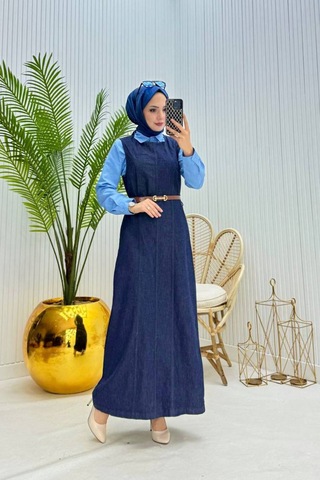 Neşeli Butik Kadın Kemerli Denim Jile Gömlek Tesettür Takım Nms073 Lacivert