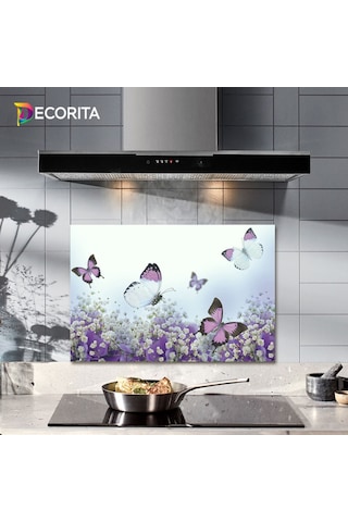Decorıta Cam Ocak Arkası Koruyucu | Mor Çiçek & Kelebek Desenli