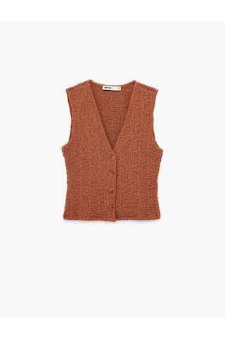 Koton Bürümcük Kumaş Slim Fit V Yaka Düğmeli Yelek Kahverengi 6wak30057ek Kahve