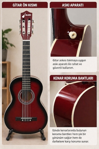 Valares Qcg3024 34 1/2 Yarım Boy Klasik Gitar Kırmızı Askı Aparatlı Çocuklar İçin İdeal Kolay Çalım