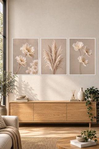Beyaz Ahşap Çerçeveli Ivory Bloom 3'lü Mdf Tablo Seti Krem Çiçek Pampas Duvar Dekoru Renk: Beyaz