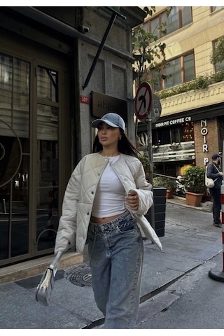 Cıt Cıt Detaylı Çepli Ceket Mont- Beyaz Beyaz