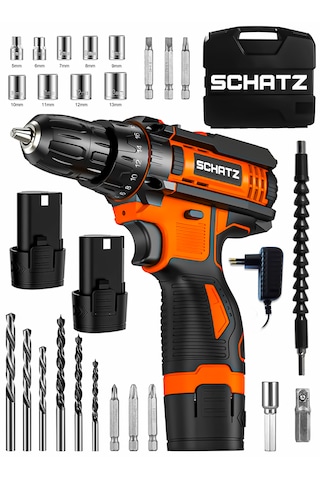 Schatz 12v Çift Akülü Çelik Şanzıman Bakır Sargılı Şarjlı Vidalama Matkap Turuncu + 24 Parça Set