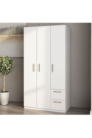 Merlin 3 Kapaklı, Çekmeceli, Raflı Gardırop, Yatak Odası Dolap, Elbise Dolabı İstanbul Ceviz - 172 Cm / Beyaz