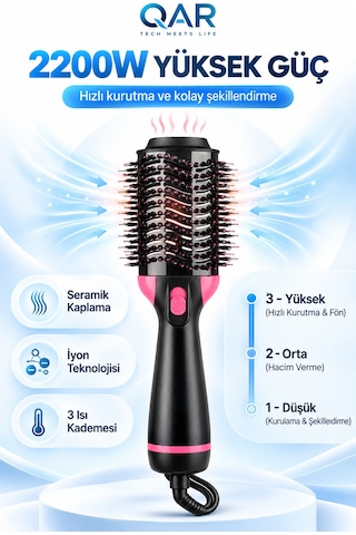 2200w Hava Üflemeli Saç Şekillendirici İyonik Fön Tarağı Düzleştirici Ve Hacim Verici Fırça