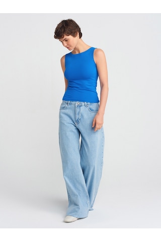 Dilvin 71787 Paçası Dikişsiz Geniş Denim Pantolon-mavi Mavi