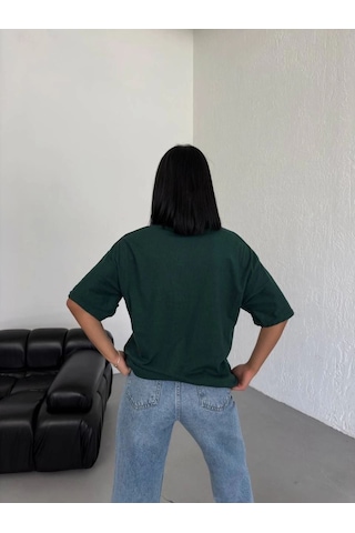 Kadın Düz T-shirt Kısa Kol Bisiklet Yaka Oversize Rahat Kalıp Günlük Tişört - Haki