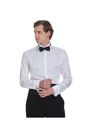 Hatemoğlu Beyaz Comfort Fit Ata Yaka 100% Pamuk Uzun Kollu Damatlık Gömlek