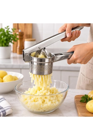 Paslanmaz Çelik Manuel Patates Ezici Ve Pres Uzun Saplı Delikli Hazneli Patates Püresi Aparatı, Pratik Mutfak Gereci
