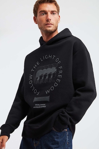 Olympos Erkek %100 Organik Pamuk 3 Iplik Oversize Baskılı Kapüşonlu Kordonlu Siyah Sweatshirt