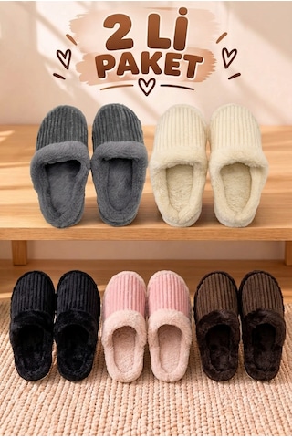 Stwenn 2'li Karma Erkek Kadın Avantajlı Paket Peluş Ev Terliği Kapalı Burun Arkası Açık Sıcak Rahat Panduf 2 Li Almina