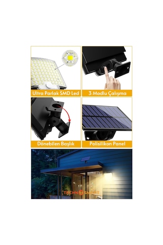 Technosmart Güneş Enerjili Bahçe Aydınlatması 106 Led, Sarı Işık, Kumandalı Ip65 Solar Duvar Lamba
