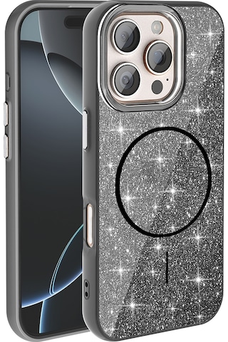 Apple iPhone Uyumlu 16 Pro Max Kılıf Magsafe Şarj Özellikli Parlayan Simli Okso Kapak - S Siyah Siyah