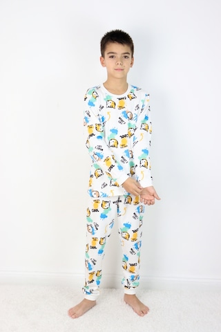 Harika Kids Erkek Çocuk Baskılı İnterlok Kumaş Uzun Kollu Pijama Takımı Beyaz - Mavi