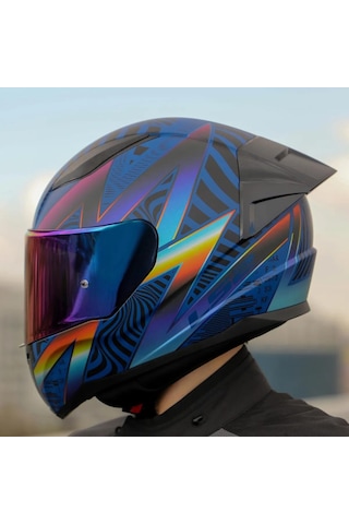 Şeffaf + Gökkuşağı Vizörlü + Yarış Spoiler + Ls2 Rapid 2 Optik Race Kapalı Motosiklet Kaskı Mavi - Mor