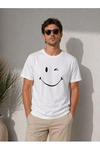 Veraura Lifestyle Erkek Minimal Gülümseyen Yüz Baskılı Tişört Kısa Kol Yazlık T-shirt - Beyaz