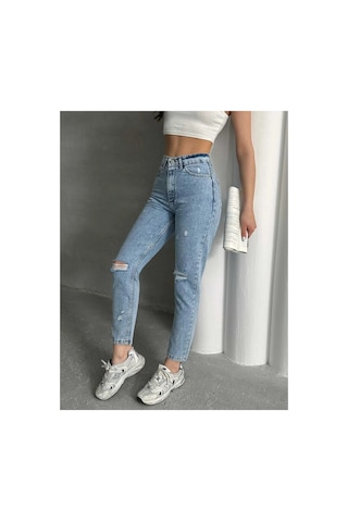 Kene Jeans Yüksek Bel Taş Yıkama Diz Lazer Yırtık Detaylı Mom Jeans Taş